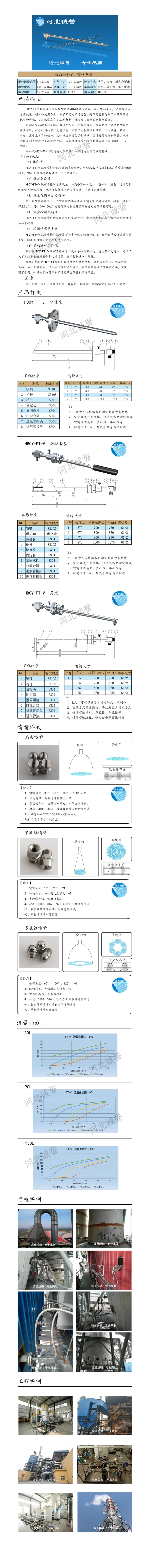 FT-V脫硝噴槍、保護(hù)套、噴槍參數(shù)、材質(zhì)尺寸、流量分布圖、扇形空心錐俯視圖介紹，以及噴槍霧化視頻展示和工程案例介紹